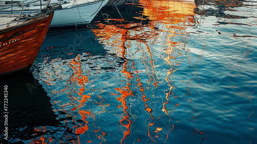 Abstract painting of sailboats on a calm sea, with dark orange and light blue hues