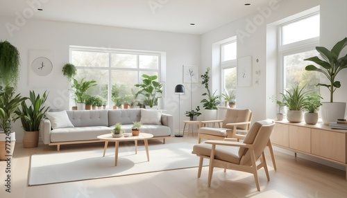 A minimalist retreat with Scandinavian-inspired design elements  including blonde wood furniture and clean lines. The living room is bathed in natural light  with potted plants adding a touch of green