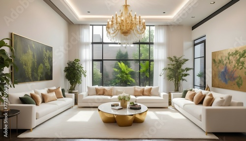 A luxurious urban oasis with a spacious living room adorned with plush white sofas and metallic accents. A golden chandelier hangs from the ceiling, casting a warm glow over the room filled with vibra