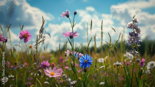 Colorful wildflowers in a sunny meadow - Various wildflowers  prominently pink and blue  blooming in a sunlit field with a blue sky and fluffy clouds above