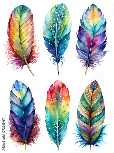 Vibrant watercolor feather set on a white background. Perfect for greeting cards, art prints, scrapbooking, interior decor, and more © Daria D.