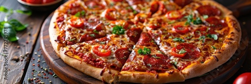 Delicious loaded pepperoni pizza - Close-up of a loaded pepperoni pizza with delicious toppings and melting cheese on a wooden surface