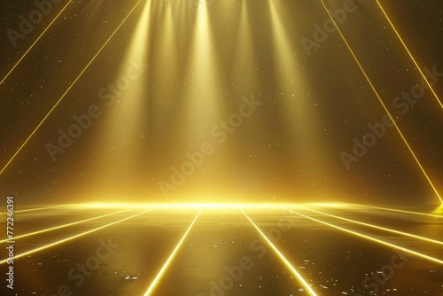 Dark background with lines and spotlights, neon light, night view. Abstract yellow background - generative ai