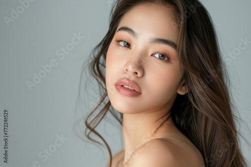A beautiful Asian woman with long brown hair  showcasing her perfectly smooth shoulders  posing for portrait photography against a gray background.