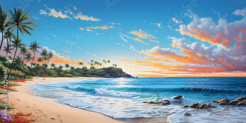 Illustration of seaside beach with sunset