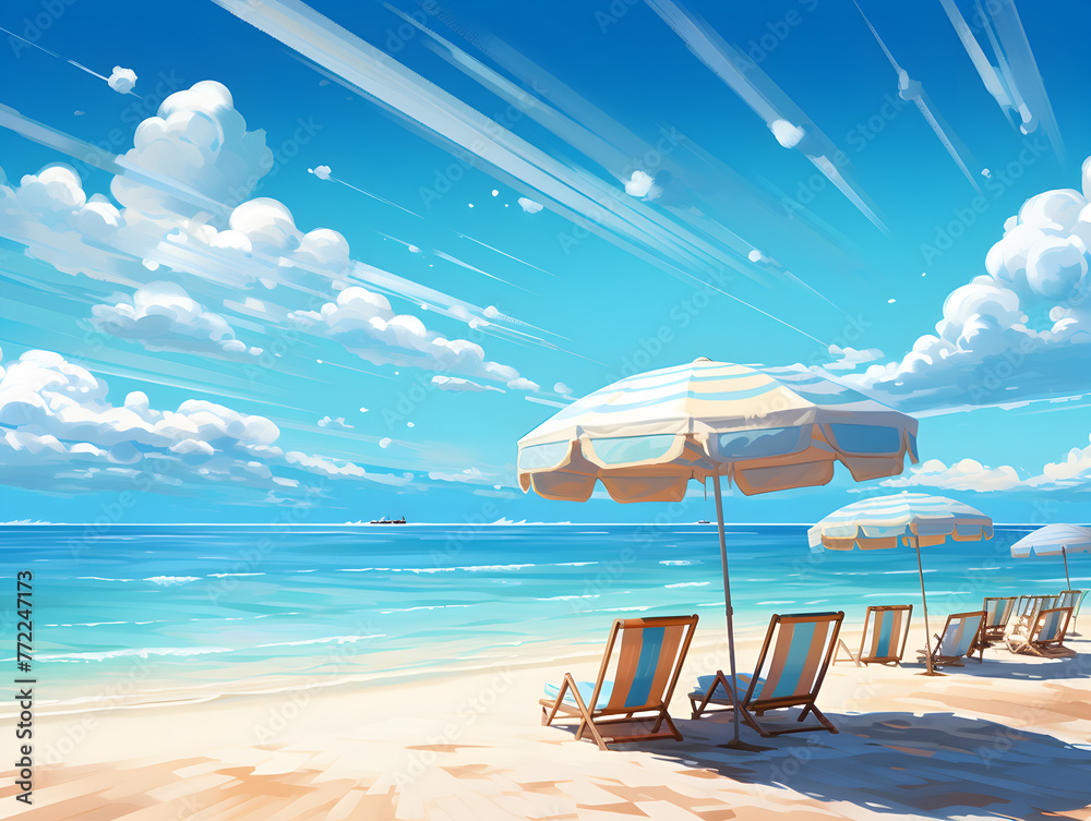 Illustration of two chairs and umbrella at the beach at seaside, daylight with blue sky 