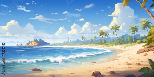 Illustration of tropical beachside and ocean with waves at daylight with blue sky 