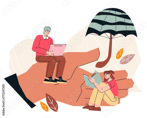 Employee benefits and protection concept, flat cartoon vector illustration isolated on white background. Company employees care and wellbeing of staff, perks and benefits for personnel.