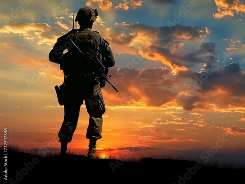 A soldier stands on a hill overlooking a beautiful sunset. The sky is filled with clouds, creating a serene and peaceful atmosphere. The soldier's presence in the image evokes a sense of duty