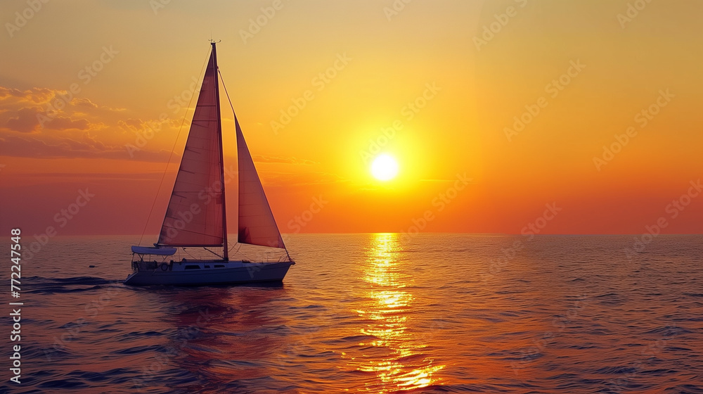 A sailing yacht sails on calm ocean waters under a breathtaking sunset sky with golden hues and scattered clouds.