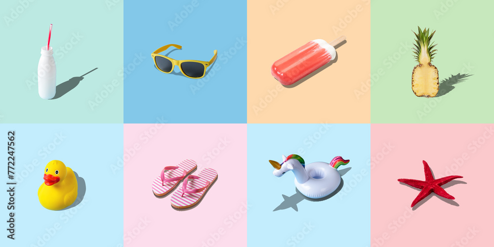 Obraz premium Creative colorful background with different summer things. Minimal summer concept.