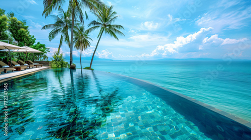 A tranquil infinity pool overlooking the ocean with sun loungers and palm trees against a clear sky..