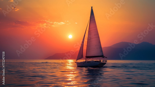 A sailing yacht sails on calm ocean waters under a breathtaking sunset sky with golden hues and scattered clouds.