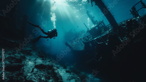 A diver with fins and scuba gear explores the mysterious remains of a sunken ship, underwater with rays of light filtering through. © Benjawan