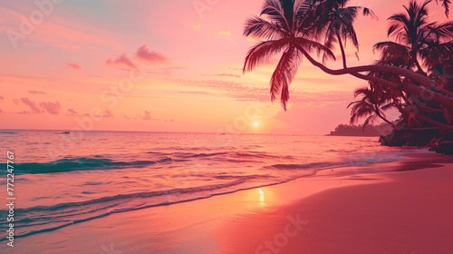 The warm glow of sunset at a secluded tropical beach with palm tree silhouettes and soft waves lapping at the shore.