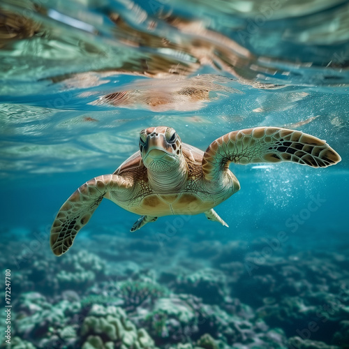 A graceful sea turtle swims in the clear blue waters of the ocean, surrounded by small fish and illuminated by sunbeams. © Benjawan