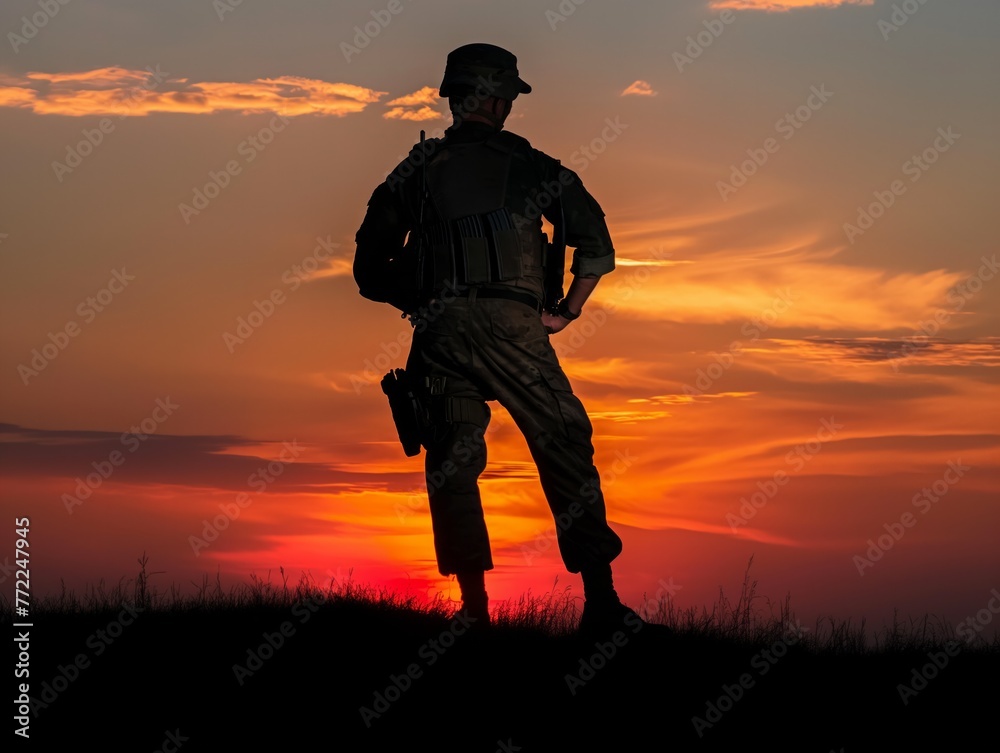 A man in a military uniform stands on a hill overlooking a sunset. Concept of duty and pride in serving one's country. The man's posture and the setting sun create a powerful and inspiring mood