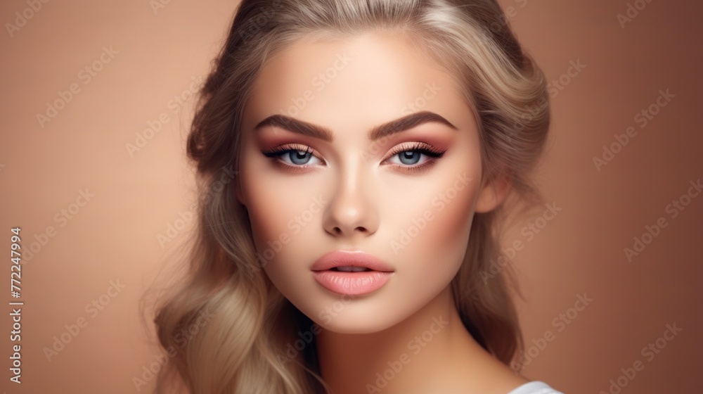 A woman with blonde hair and blue eyes is wearing makeup A woman with blonde hair and blue eyes is wearing makeup