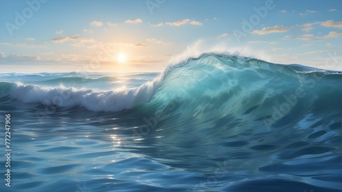 "A breathtaking photorealistic scene capturing a heart-shaped wave gracefully cresting in the light blue sea. The wave rises majestically against the horizon, its translucent waters catching the warm 