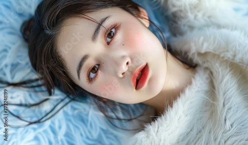 A beautiful Japanese woman lying on a white fur blanket, with a beautiful face