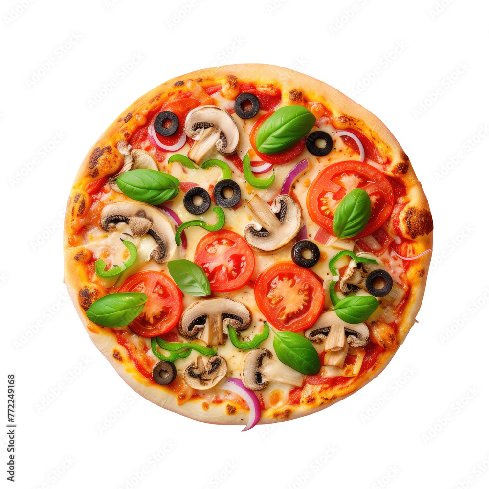 Pizza with tomato, mushroom, olive, basil on transparent background