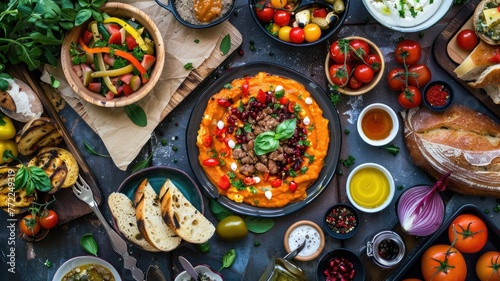 Top view of various fresh Mediterranean dishes on a table - Vibrant top shot of an array of Mediterranean dishes with hummus, salad, bread, and dips on a dark surface