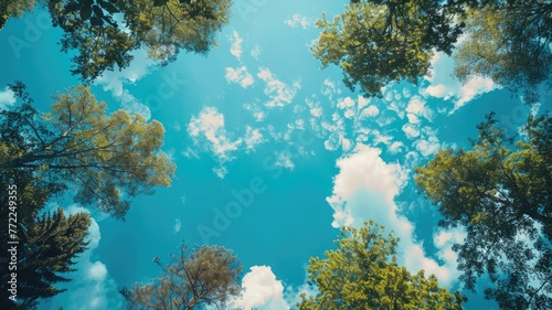 Upward view of treetops against blue sky - A serene look up into the treetops with sunlight filtering through the leaves, set against a vibrant blue sky