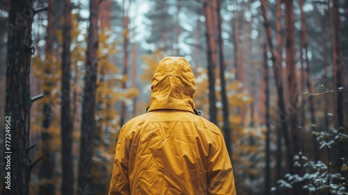 Person in yellow raincoat in misty forest - A lone figure in a vibrant yellow raincoat stands amidst foggy, autumn-tinted trees
