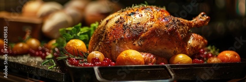 Roasted turkey garnished with fruits - A succulent roasted turkey adorned with citrus fruits, cranberries and garnished with fresh herbs