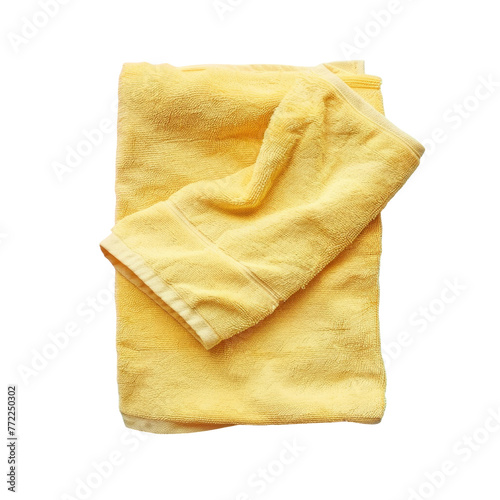 Yellow towel folded on transparent background with food and baked goods
