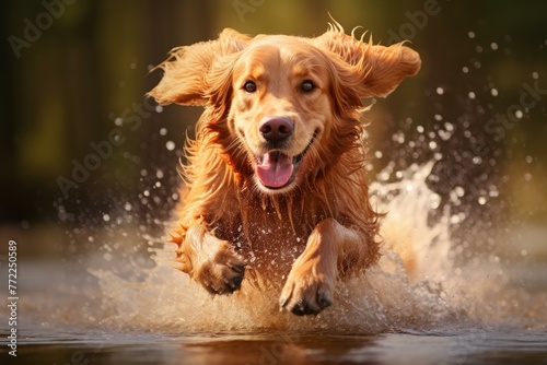 Agile Retriever dog running fast in natural field. Happy puppy dog springing and sprinting outside. Generate ai © juliars