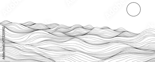 Surreal desert landscape. Abstract desert background hand drawn. Line with wavy lines.
