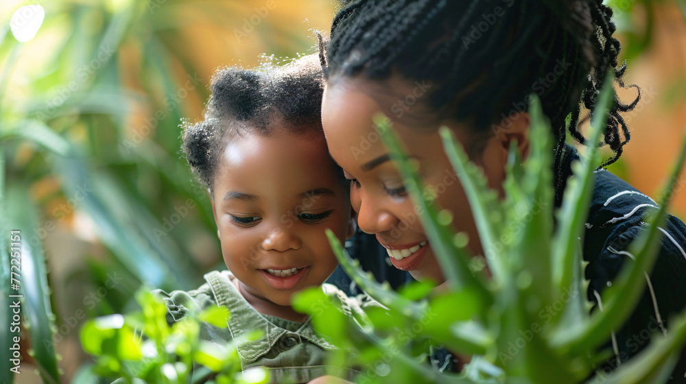Naklejka premium Mother teaches child to extract aloe vera gel for soothing skin remedy, fostering natural skincare knowledge.