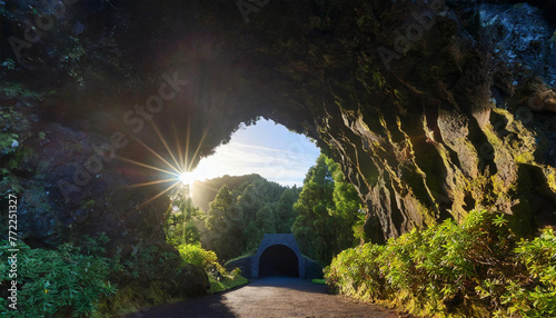 Sunlit entrance to the lava tunnel Gruta das Torres with trees and glowing treetops, located on Pico Island, Azores, Portugal, Europe photo