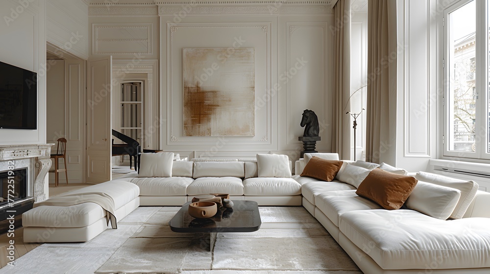 elegant white interior flat, featuring a blend of classic and modern design elements, luxurious textures, and carefully curated art pieces that elevate the space to a new level of sophistication