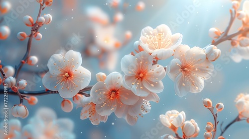 enchanting allure of a plum tree in full blossom, its branches festooned with clusters of delicate white flowers, against a backdrop of azure skies