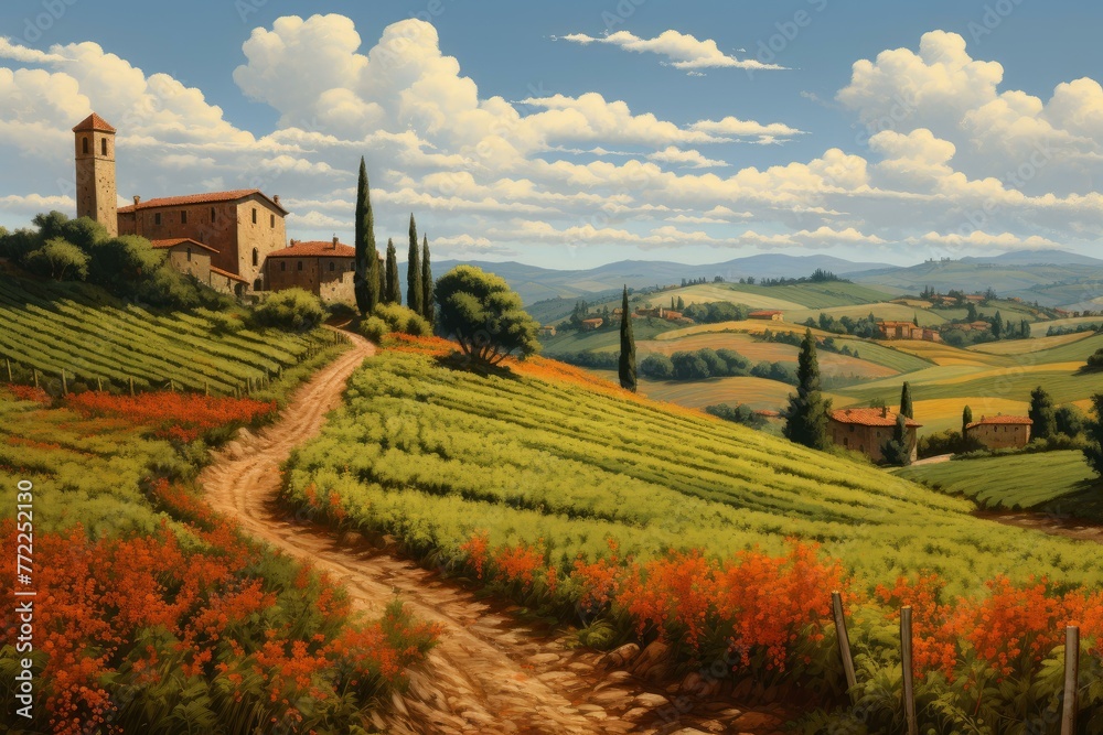 Vibrant Retro italian landscape view. House european. Generate Ai - obrazy, fototapety, plakaty 
