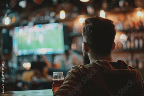 Man watching football game in sport bar. People drinking beer and watching soccer match on television in pub