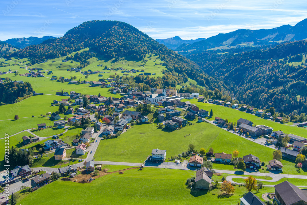 Drone Photo of the Village of Hittisau and the Bregenzerwald, State of Vorarlberg, Austria