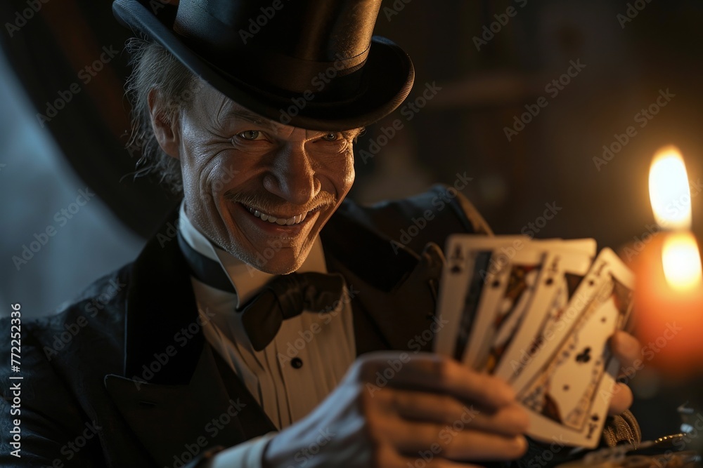 Magician Joker face with funny smile character in top hat smiling while holding up cards. Generative AI. - obrazy, fototapety, plakaty 