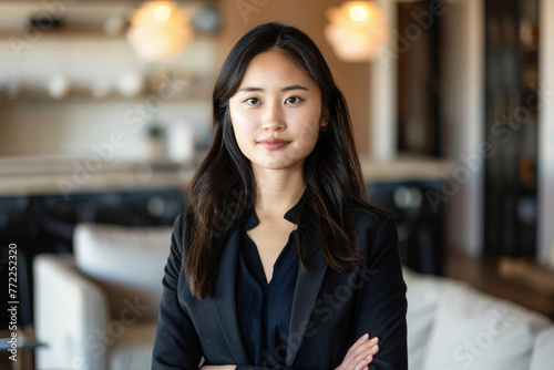Confident Asian businesswoman wearing business suit in office workspace. Successful female business person portrait