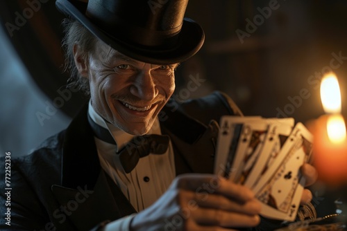 Magician Joker face with funny smile character in top hat smiling while holding up cards. Generative AI. photo