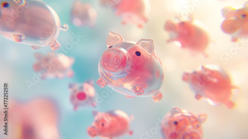 Transparent pink piggy banks floating in a dreamy sky, symbolizing financial goals, savings, and investments.