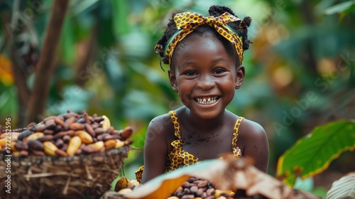 Joyful young African girl garnering cocoa beans from the densely forested area with withered foliages smiley face and space, Generative AI. photo