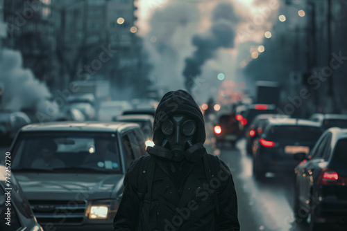 Man in gas mask walks along smoky street with many cars. Living in city with polluted air. Problem of environmental pollution