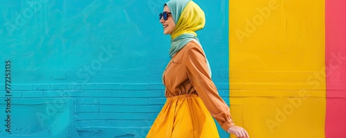Stylish woman in hijab and bright attire leans against a colorful wall, projecting confidence