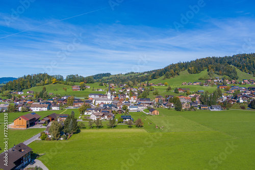 Drone Photo of the Village of Lingenau and the Bregenzerwald  State of Vorarlberg  Austria