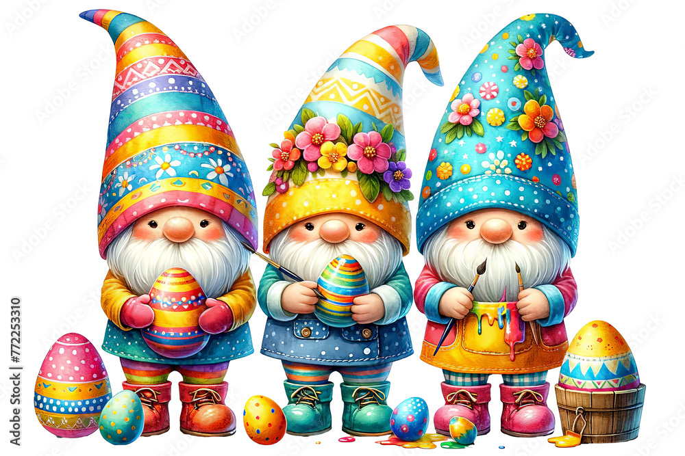 Three gnomes holding eggs and flowers. The gnomes are wearing colorful clothes and are standing in front of a white background