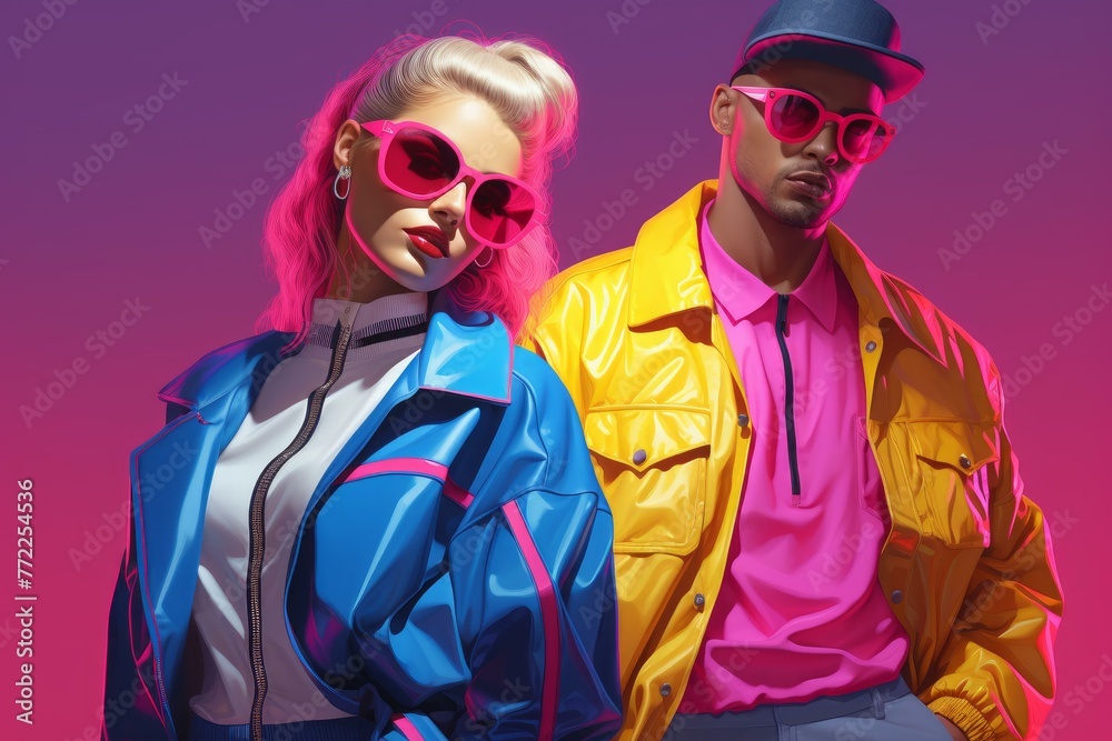 Stylish Retrowave fashion clothing of couple. Stylish studio. Generate Ai Stylish Retrowave fashion clothing of couple. Stylish studio. Generate Ai