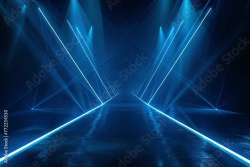 Dark background with lines and spotlights, neon light, night view. Abstract blue background - generative ai